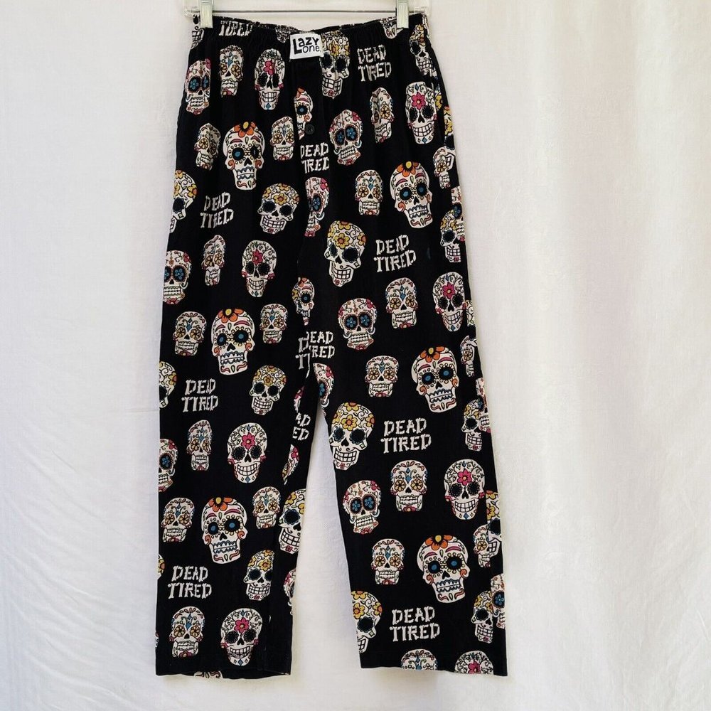 Lazy One Pajama PJ Pants Dead Tired Day of the Dead Skulls Unisex Small Hallowee